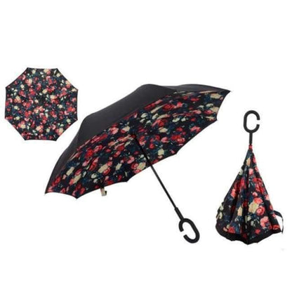 Reverse Fold Double Layer Inverted Chuva Umbrella Self-Standing Inside Out Rain Protection C-Hook Hands for Car