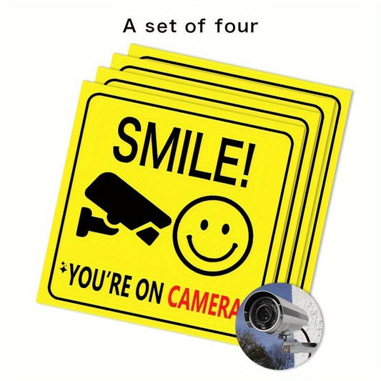 4 Stück/Set Smile You're On Camera Zeichen Fensteraufkleber Höfliche Videoüberwachungssicherheitsschild für Haus, Geschäft, Garten oder Einfahrt Wohnkultur
