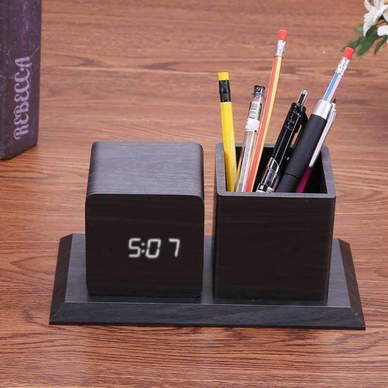 Sound Control Digital Elektronischer LED Alarm Clock Bleistift Stifthalter Zeit Datum Temp Anzeige Schreibtisch Organizer Bürozubehör