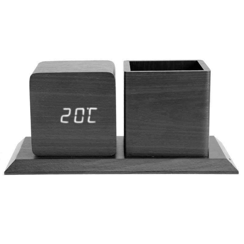 Sound Control Digital Elektronischer LED Alarm Clock Bleistift Stifthalter Zeit Datum Temp Anzeige Schreibtisch Organizer Bürozubehör