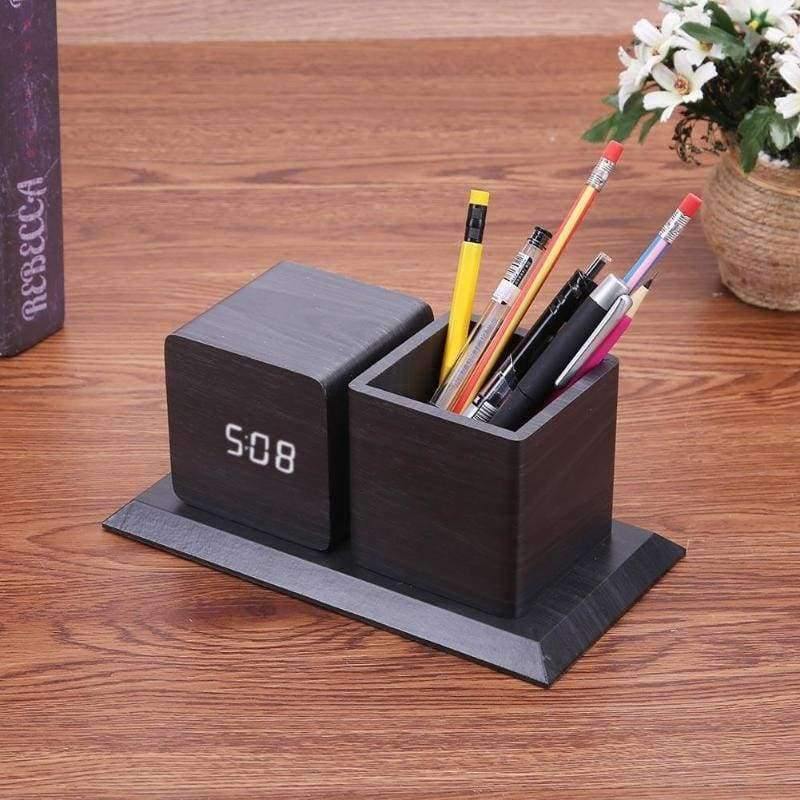 Sound Control Digital Elektronischer LED Alarm Clock Bleistift Stifthalter Zeit Datum Temp Anzeige Schreibtisch Organizer Bürozubehör