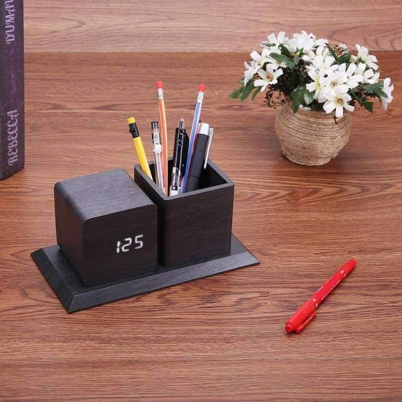 Sound Control Digital Elektronischer LED Alarm Clock Bleistift Stifthalter Zeit Datum Temp Anzeige Schreibtisch Organizer Bürozubehör