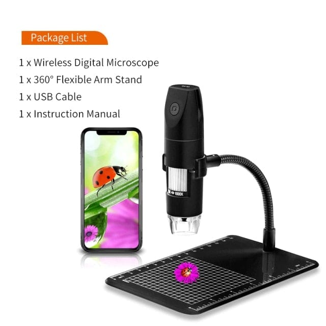 Wireless digital microscope handheld USB HD inspection camera 50x-1000x magnification with flexible stand for iPhone iPad PC
