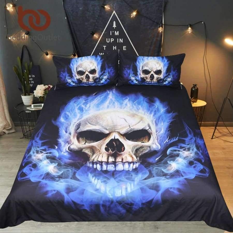 Bettwäsche Flame Skull Bettwäsche Set König 3D Druck Gothic Bettbezug Blau Feuer Bettwäsche 3 Stücke Mode Heimtextilien für Jungen