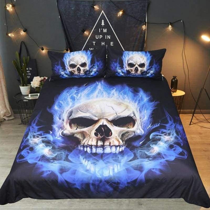 Bettwäsche Flame Skull Bettwäsche Set König 3D Druck Gothic Bettbezug Blau Feuer Bettwäsche 3 Stücke Mode Heimtextilien für Jungen