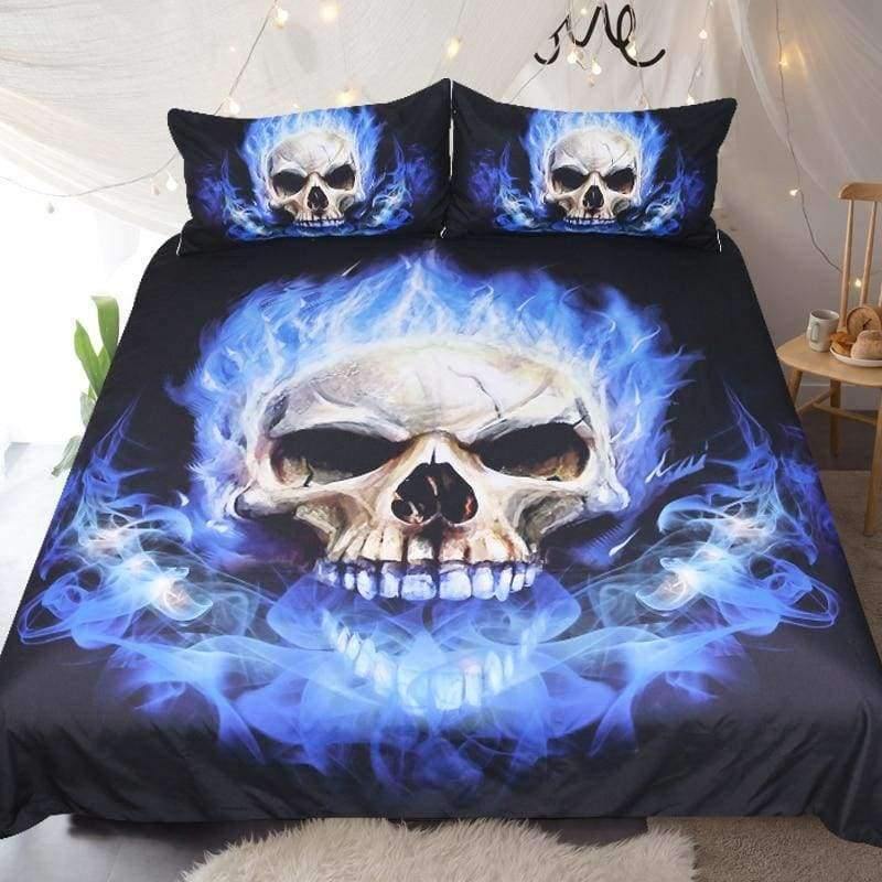 Bettwäsche Flame Skull Bettwäsche Set König 3D Druck Gothic Bettbezug Blau Feuer Bettwäsche 3 Stücke Mode Heimtextilien für Jungen