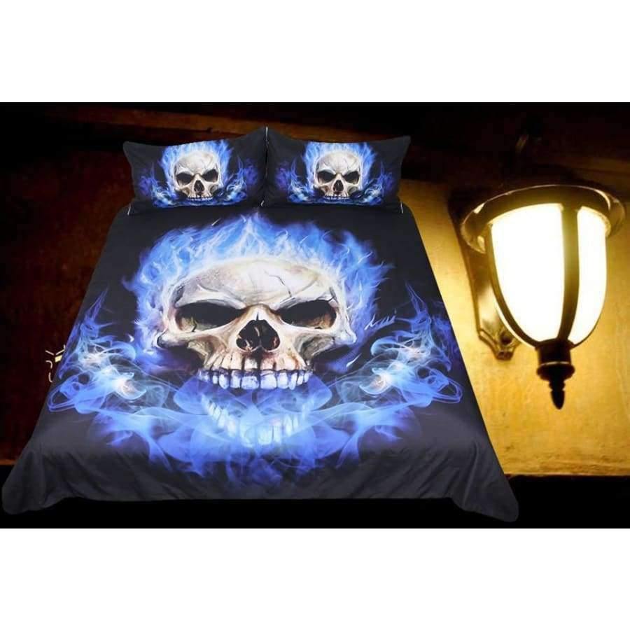 Bettwäsche Flame Skull Bettwäsche Set König 3D Druck Gothic Bettbezug Blau Feuer Bettwäsche 3 Stücke Mode Heimtextilien für Jungen
