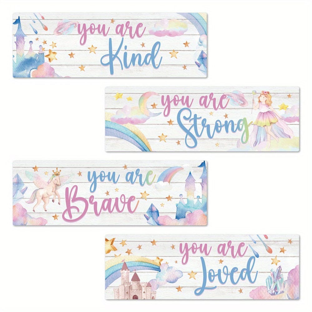 4 Stück Inspirierende Zitate Holzschild, Du bist freundlich Du bist klug Du bist tapfer Du bist geliebt, Märchen Prinzessin Wandkunst Dekor für Zuhause Kinderzimmer Schlafzimmer Kindergarten, 29,97 x 9,91 cm Geschenke