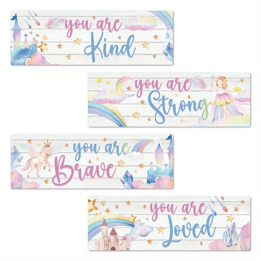 4 Stück Inspirierende Zitate Holzschild, Du bist freundlich Du bist klug Du bist tapfer Du bist geliebt, Märchen Prinzessin Wandkunst Dekor für Zuhause Kinderzimmer Schlafzimmer Kindergarten, 29,97 x 9,91 cm Geschenke