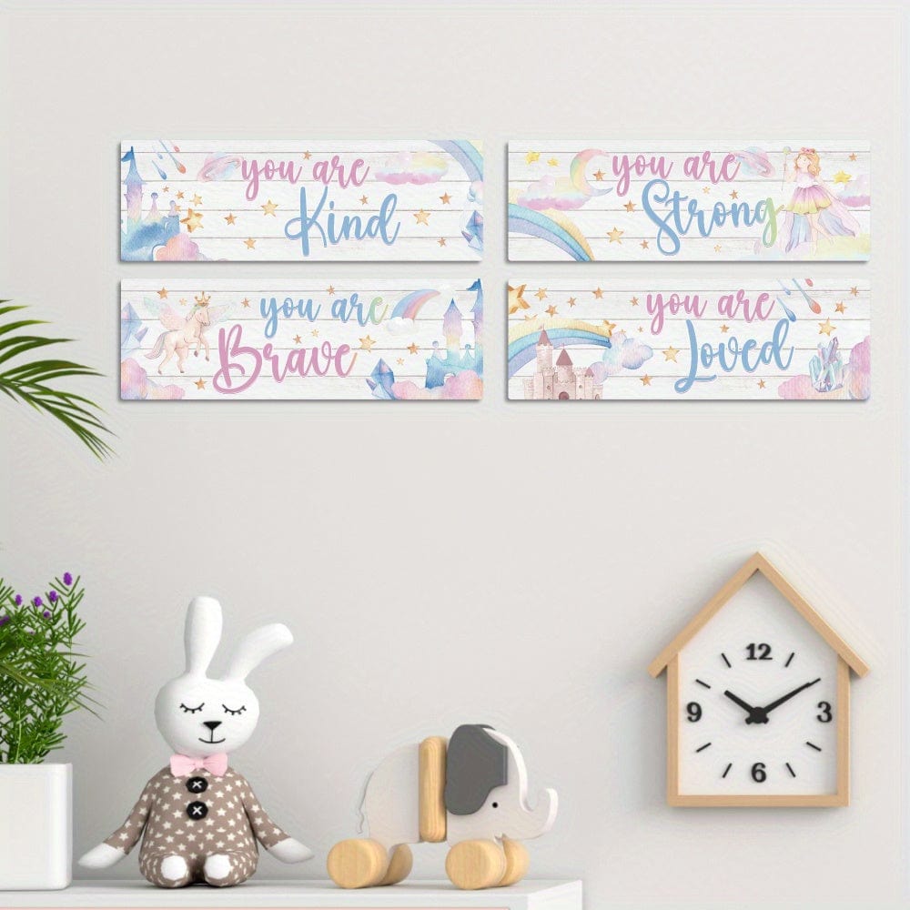 4 Stück Inspirierende Zitate Holzschild, Du bist freundlich Du bist klug Du bist tapfer Du bist geliebt, Märchen Prinzessin Wandkunst Dekor für Zuhause Kinderzimmer Schlafzimmer Kindergarten, 29,97 x 9,91 cm Geschenke