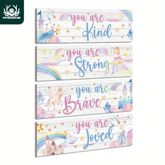 4 Stück Inspirierende Zitate Holzschild, Du bist freundlich Du bist klug Du bist tapfer Du bist geliebt, Märchen Prinzessin Wandkunst Dekor für Zuhause Kinderzimmer Schlafzimmer Kindergarten, 29,97 x 9,91 cm Geschenke