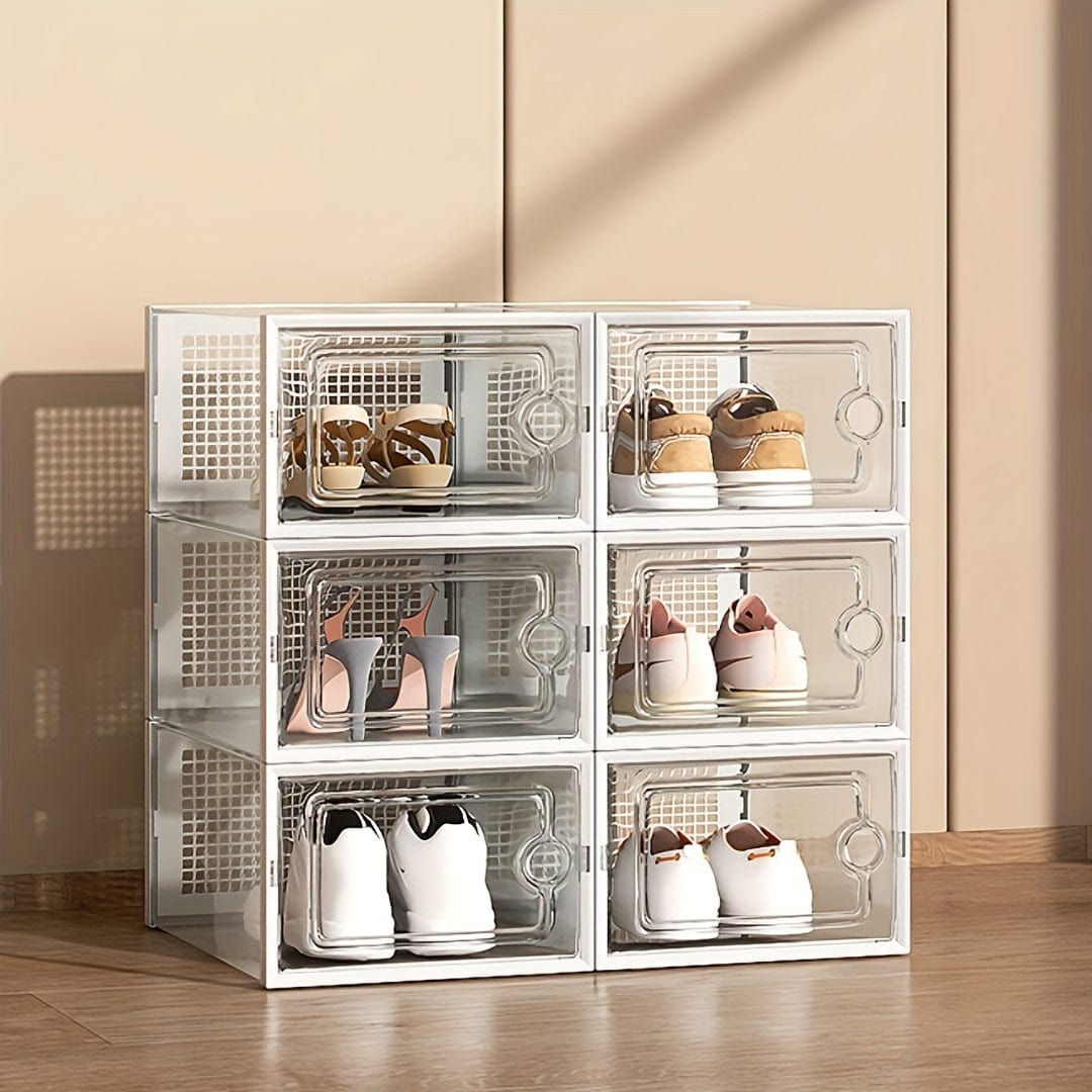 6 Stück transparente Schuhboxen mit Deckel, faltbarer stapelbarer Schuhregal in freier Kombination, verstärkter Kunststoff-Sneaker-Behälter, platzsparender Lagerorganisator für Eingangsbereich, Schlafzimmer, Zuhause, Wohnheim
