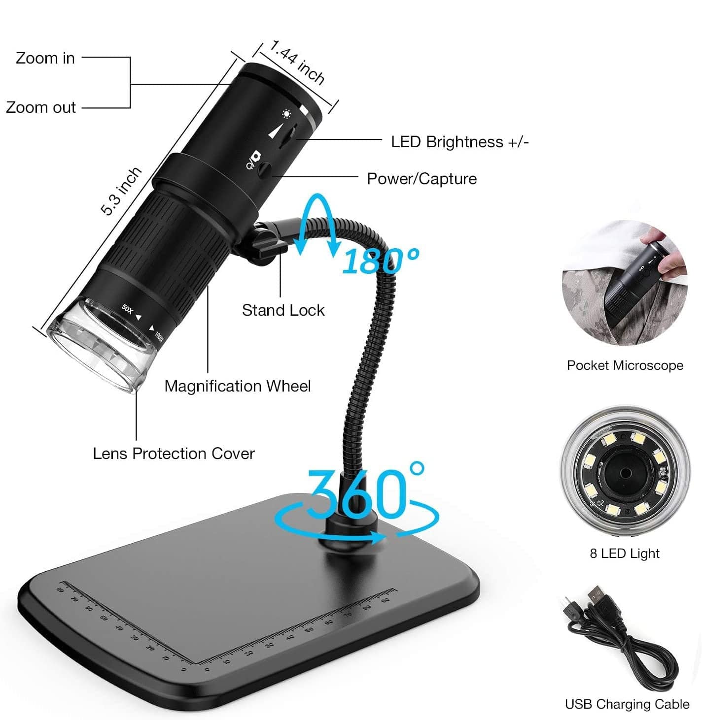 Wireless digital microscope handheld USB HD inspection camera 50x-1000x magnification with flexible stand for iPhone iPad PC