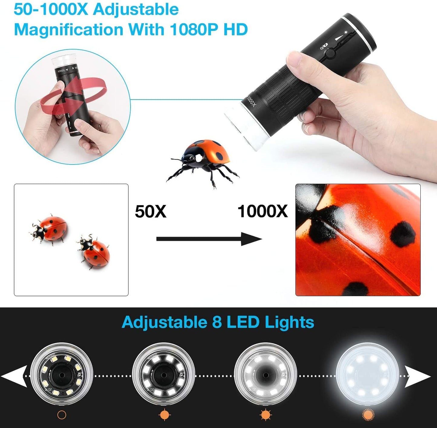 Wireless digital microscope handheld USB HD inspection camera 50x-1000x magnification with flexible stand for iPhone iPad PC
