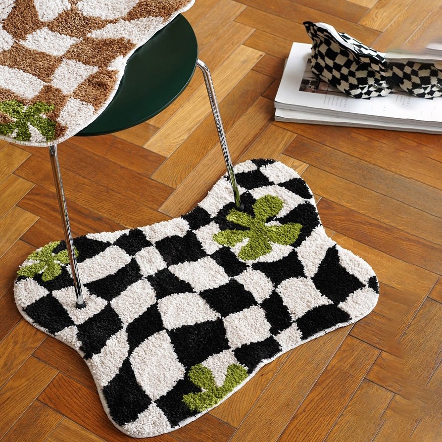 Plüsch Irreguläre Karierte Küchenteppich: Häkelstil Weiche, Rutschfeste, Absorbierende Matte in Braun und Schwarz Schachbrettdesign für Verschiedene Wohnräume