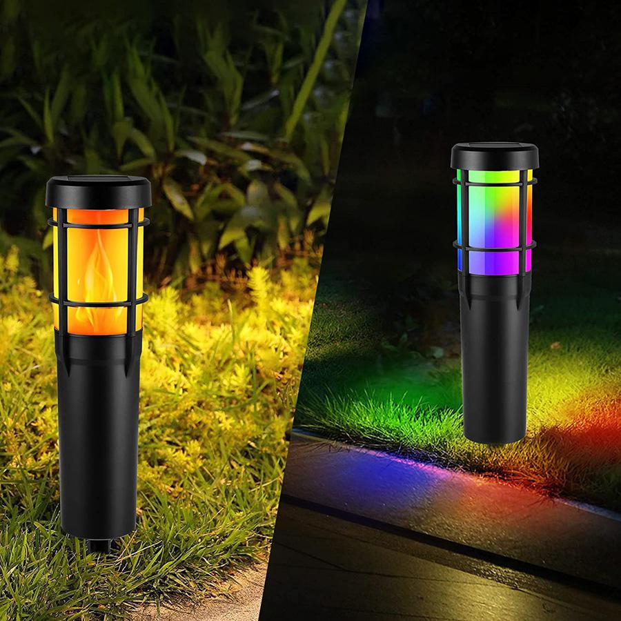 Solar-Wegeleuchten für den Außenbereich, mit flackernder Flamme und RGB-Farbwechsel, LED-Solar-Außenleuchten für Hof, Garten, Weg, Rasen - IP65 wasserdicht