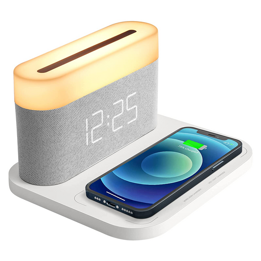 3-in-1-Drahtlosladegerät, Wecker und LED-Lampe