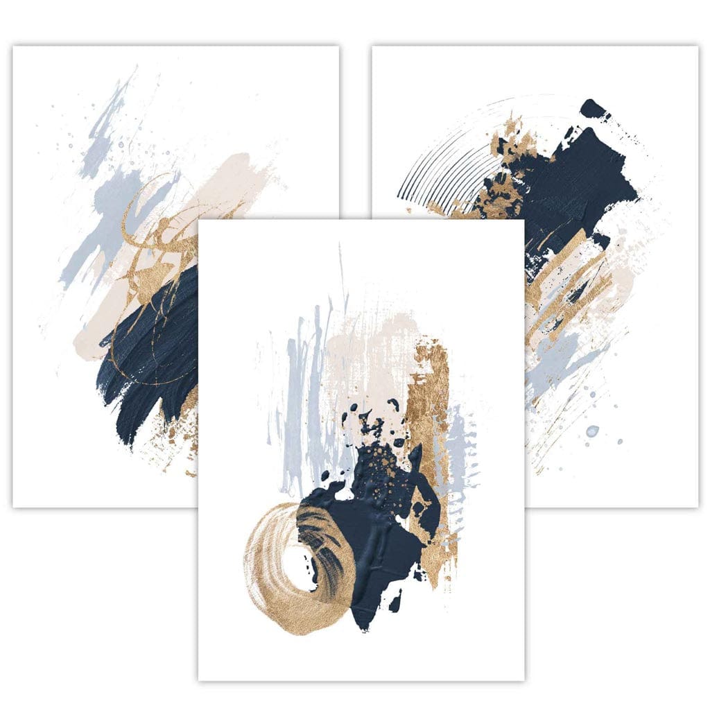 Set von 3 Abstract Postern aus Ölgemälden in Blau und Gold