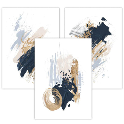 Set von 3 Abstract Postern aus Ölgemälden in Blau und Gold