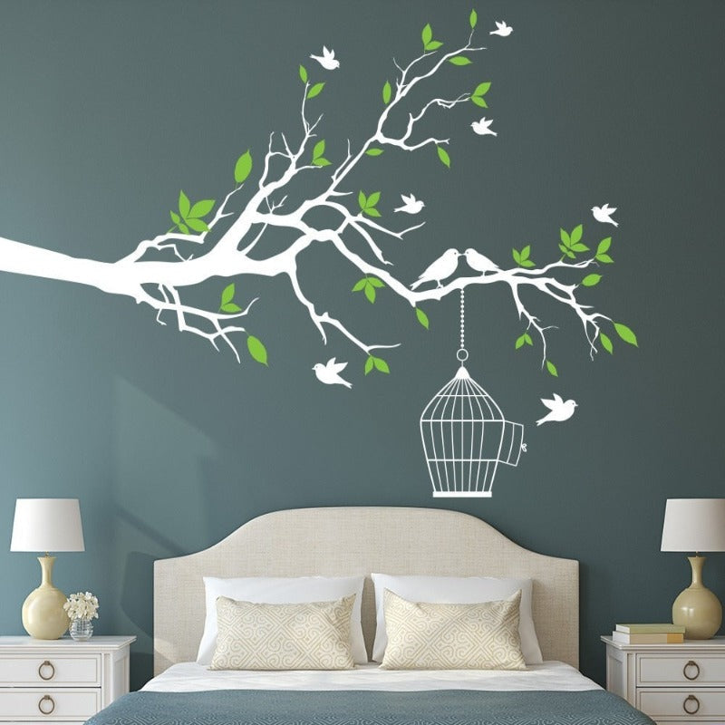 Baumast Wandkunst Aufkleber mit Vogelkäfig Abnehmbare Vinyl Wandtattoos