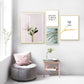 Moderne Pink Blumen Grüne Blätter Wörter - Leinwand Wandkunst Gemälde