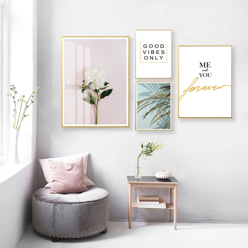 Moderne Pink Blumen Grüne Blätter Wörter - Leinwand Wandkunst Gemälde