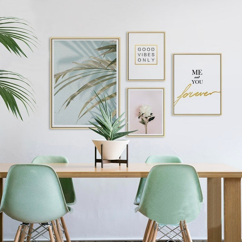 Moderne Pink Blumen Grüne Blätter Wörter - Leinwand Wandkunst Gemälde