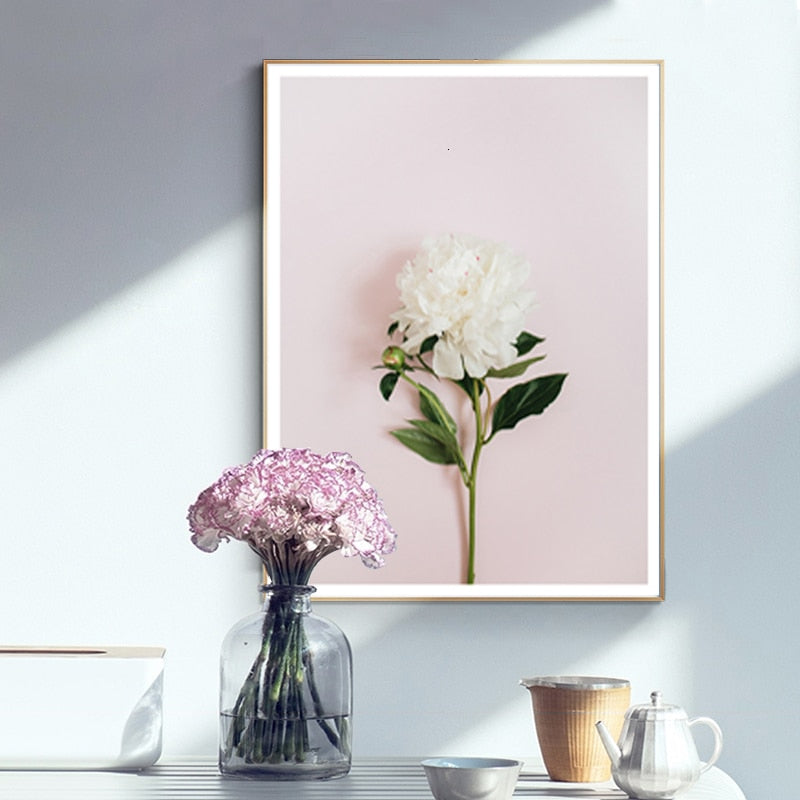 Moderne Pink Blumen Grüne Blätter Wörter - Leinwand Wandkunst Gemälde