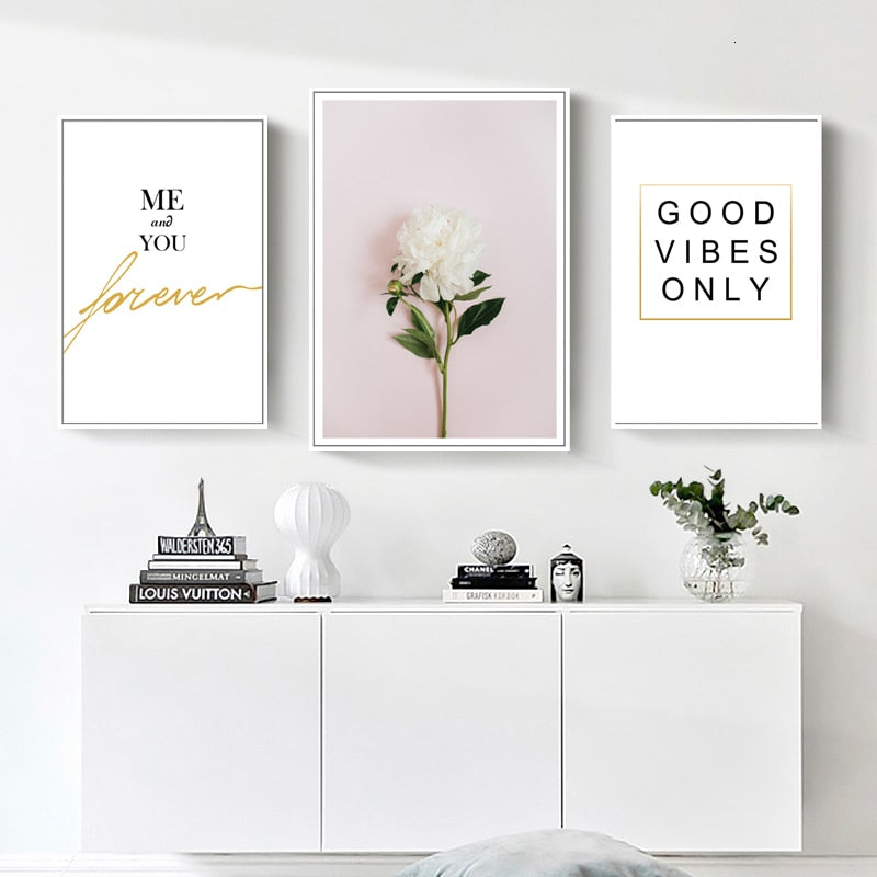 Moderne Pink Blumen Grüne Blätter Wörter - Leinwand Wandkunst Gemälde