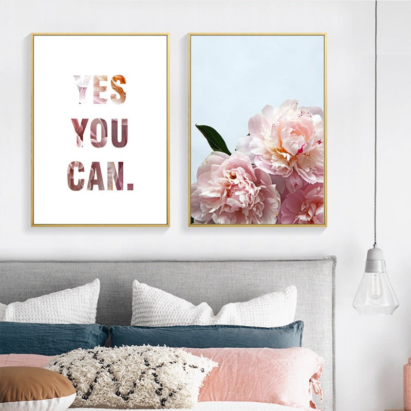 Pink Peony Floral Yes You Can Zitate - Leinwand Wandkunst Malerei