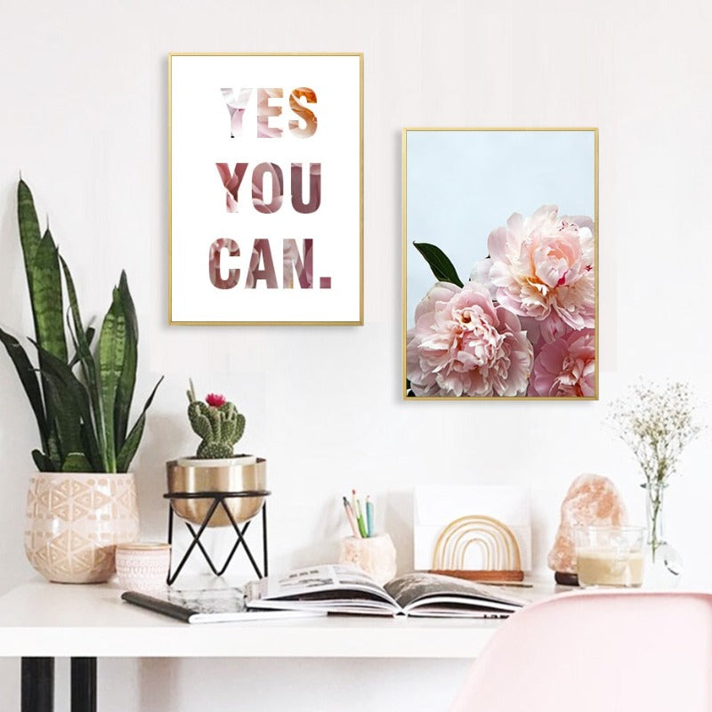 Pink Peony Floral Yes You Can Zitate - Leinwand Wandkunst Malerei