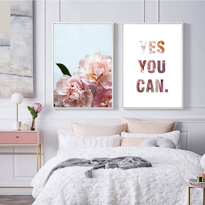 Pink Peony Floral Yes You Can Zitate - Leinwand Wandkunst Malerei