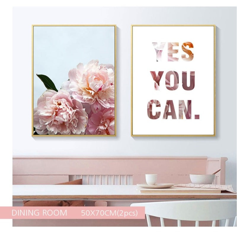 Pink Peony Floral Yes You Can Zitate - Leinwand Wandkunst Malerei