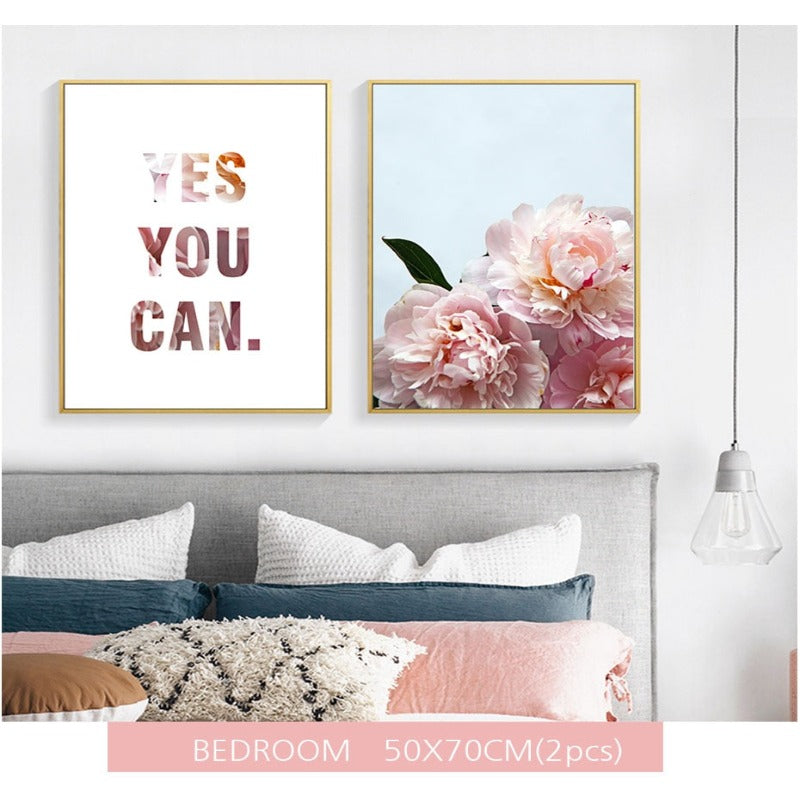 Pink Peony Floral Yes You Can Zitate - Leinwand Wandkunst Malerei