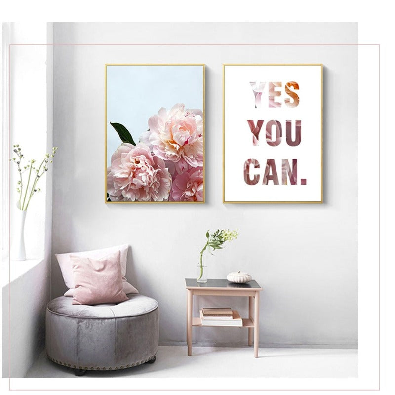 Pink Peony Floral Yes You Can Zitate - Leinwand Wandkunst Malerei