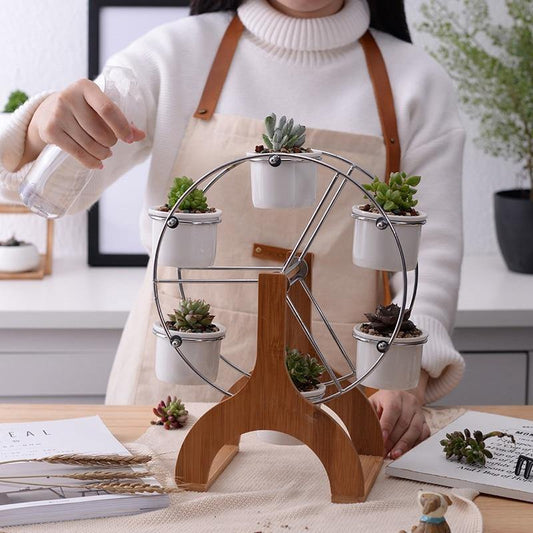 Frendorf | PlanterWheel Holz-Karussell mit Keramik Sukkulententöpfen | Stilvolle Pflanzen-Deko | Rotierende Eleganz