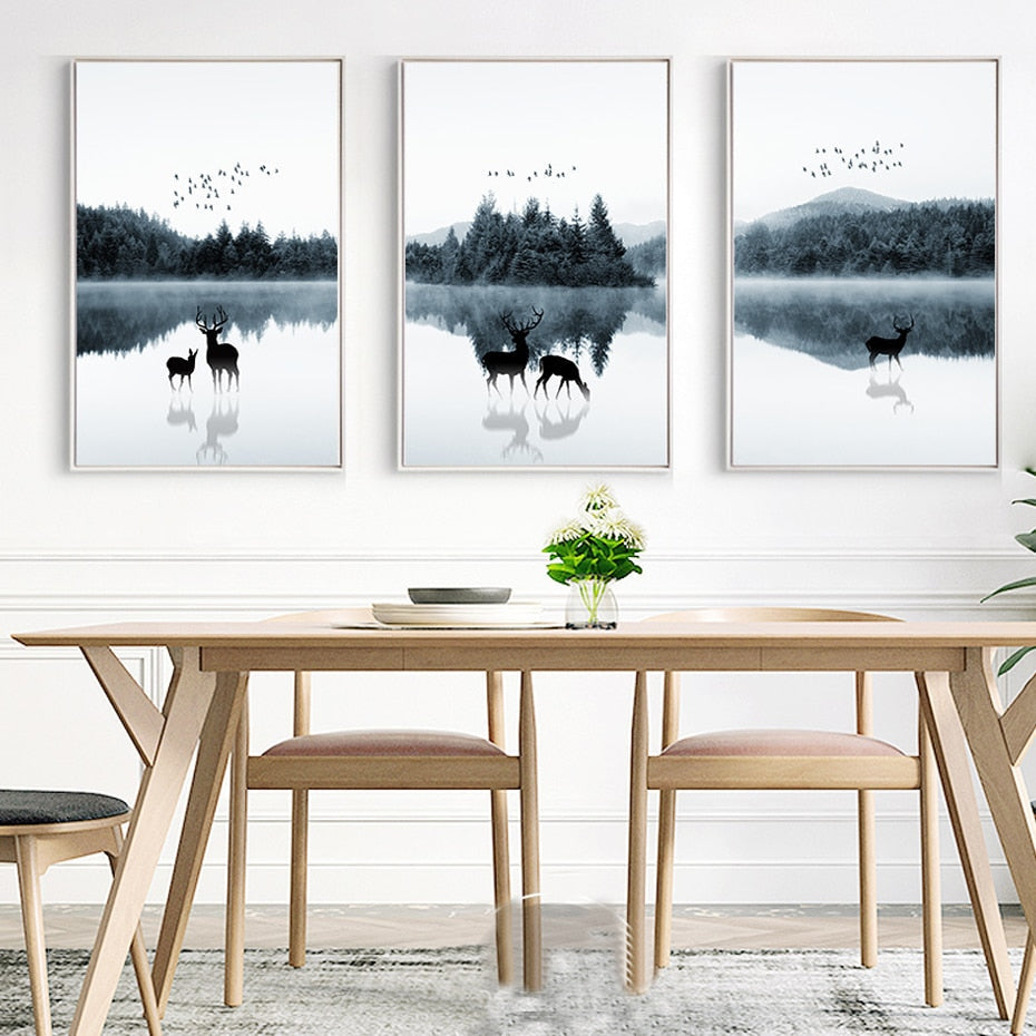 Nordic Skandinavien Landschaft Hirsch - Leinwand Wandkunst Gemälde