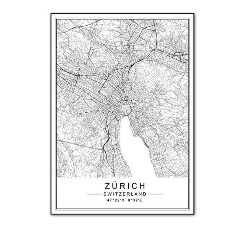 Minimalistische Stadt LISBON ZURICH Karte Reisen - Leinwand Wandkunst Malerei
