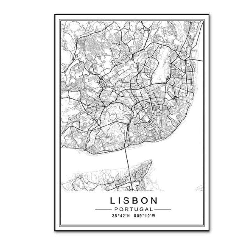 Minimalistische Stadt LISBON ZURICH Karte Reisen - Leinwand Wandkunst Malerei