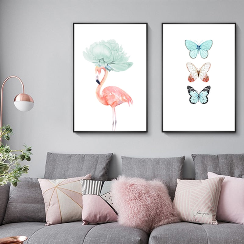 Butterfly Feather Flamingo - Leinwand Wandkunst Malerei