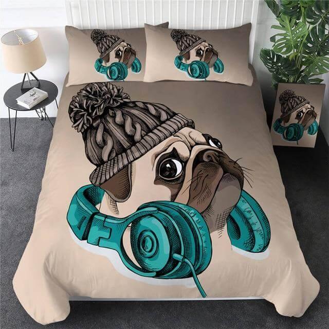 Frendorf | 3-teiliges Hippie Mops Welpe Cartoon Komfortables Bettbezug Set