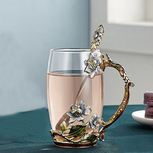 Handgefertigte Emaille-Blumen-Glasmugge für Paare Liebesgeschenk kann Kaffee, aromatisierten Tee oder sogar Zitronensaft servieren in