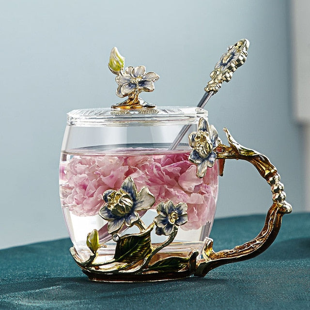Handgefertigte Emaille-Blumen-Glasmugge für Paare Liebesgeschenk kann Kaffee, aromatisierten Tee oder sogar Zitronensaft servieren in