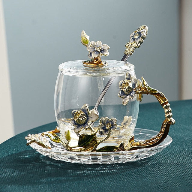 Handgefertigte Emaille-Blumen-Glasmugge für Paare Liebesgeschenk kann Kaffee, aromatisierten Tee oder sogar Zitronensaft servieren in