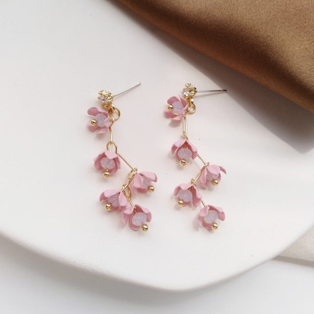Frendorf | Lange Strass Kristall Pink Sakura Blume mit Zirkon Clip Ohrringe