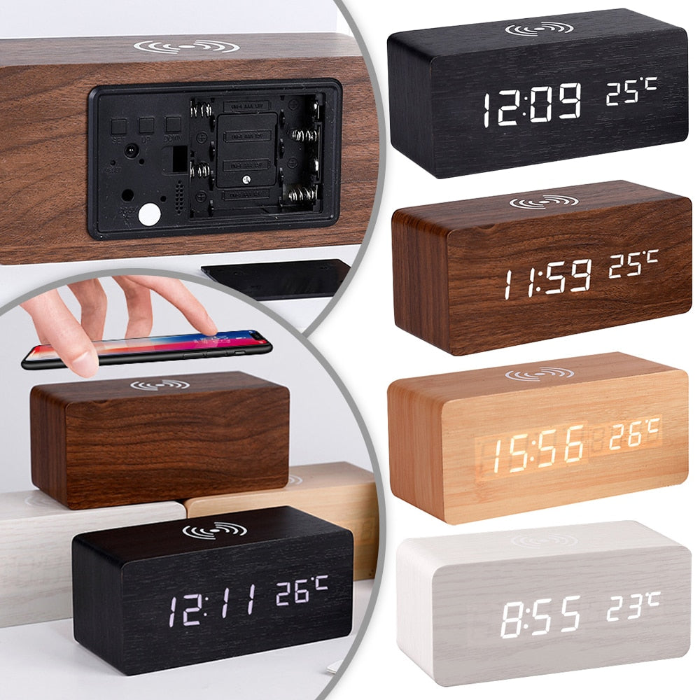 Moderner Holz-Wireless-Lade-Wecker