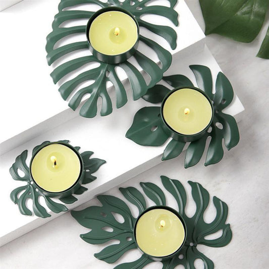 Frendorf | LeafGlow Monstera Blatt Teelichthalter aus Eisen | Elegante Kerzenhalter Deko | 4er Set für Zuhause & Garten