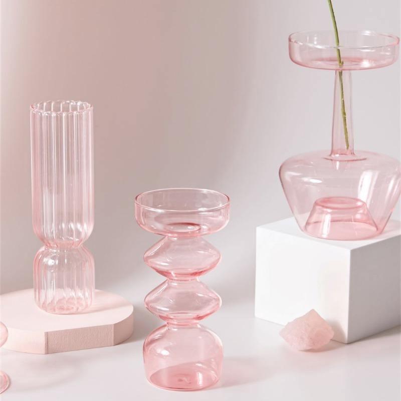 Frendorf | Rosivina Pink Glas Kerzenhalter & Vasen Set | Elegantes Design | Vielseitige Tischdekoration