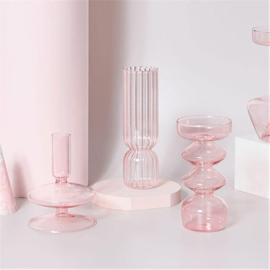 Frendorf | Rosivina Pink Glas Kerzenhalter & Vasen Set | Elegantes Design | Vielseitige Tischdekoration