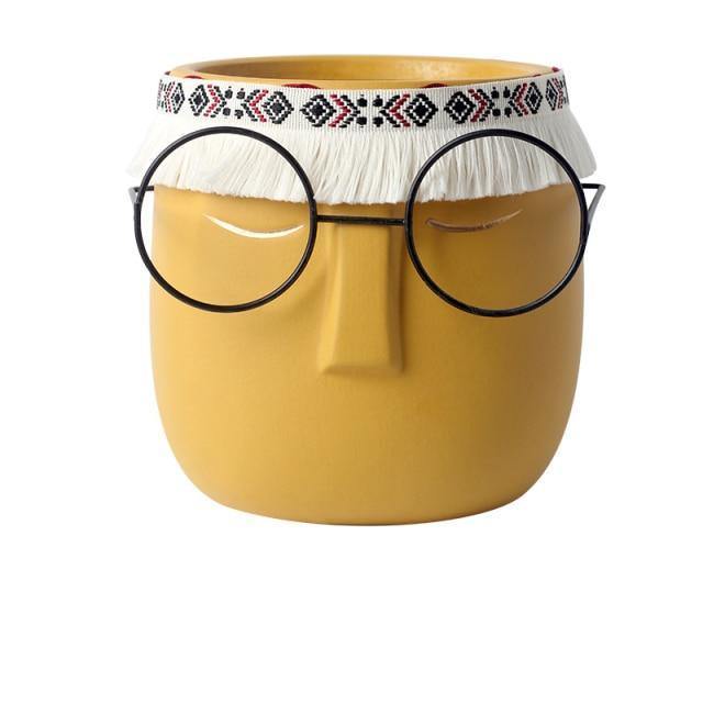 Frendorf | FaceArt Keramik Blumentopf mit Brille & Stirnband | Modernes Design | Dekorative Pflanzenvase